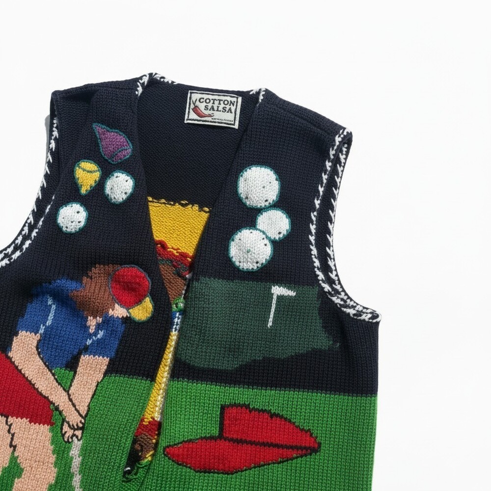 Cotton Salsa Handmade Peru Golf Scene Knit Sweater Vest Vintage Novelty 90s - Picture 5 of 12